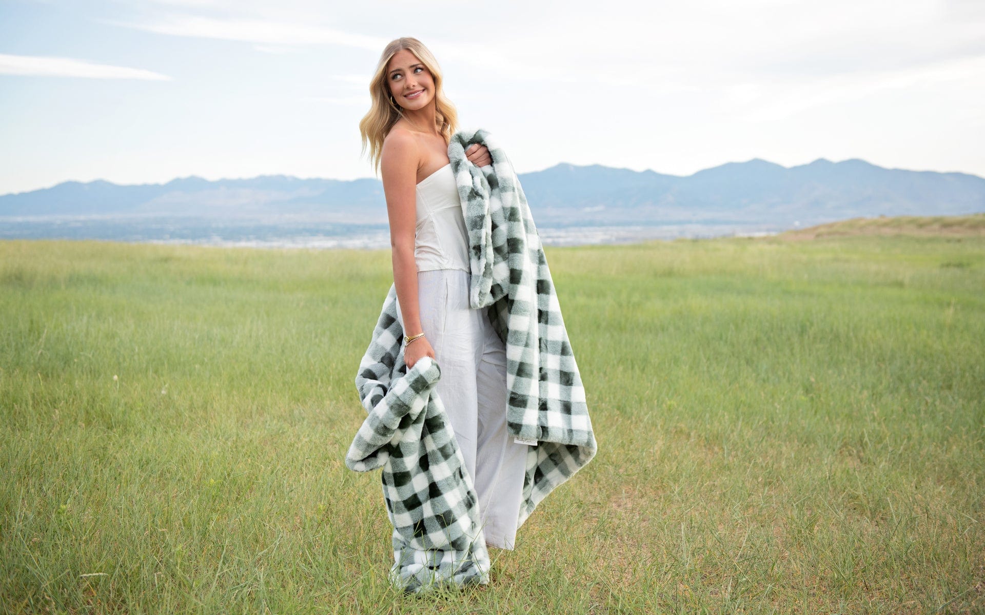 Gingham Check Silver Mist Blanket