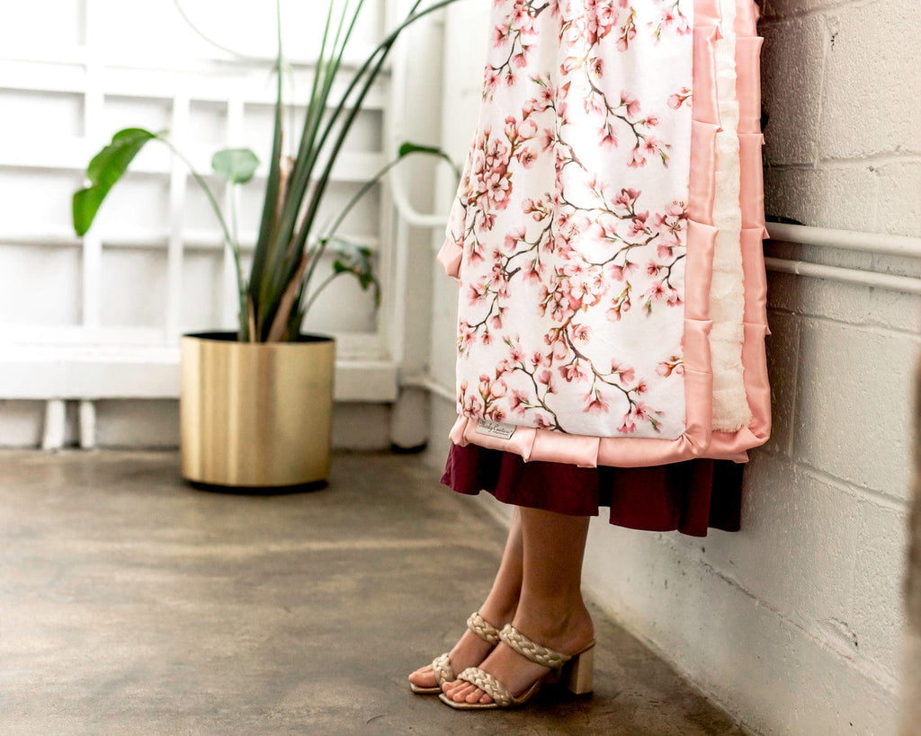 Cherry blossom themed Minky Couture blanket. 